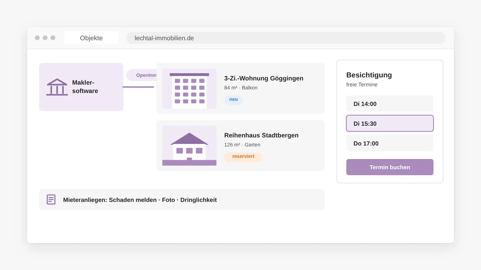 Objekte kommen per OpenImmo aus der Maklersoftware, Besichtigungstermine sind direkt buchbar und Mieteranliegen laufen über eine geordnete Strecke