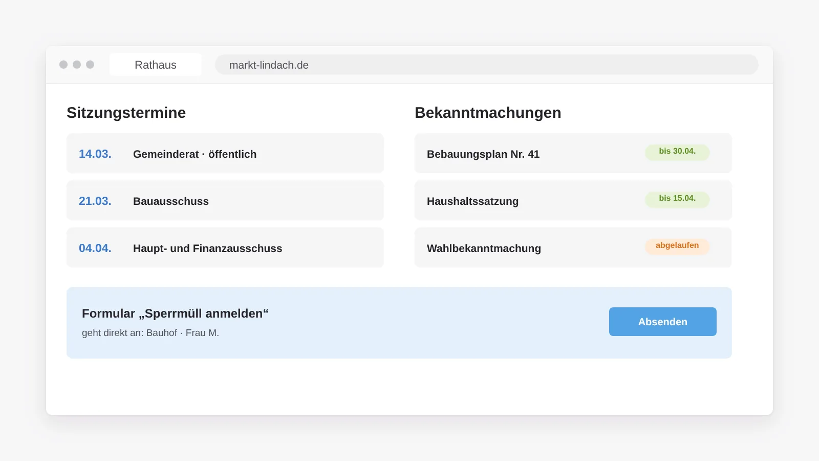 Gemeindewebsite mit Sitzungsterminen, Bekanntmachungen mit Ablaufdatum und einem Formular, das direkt an das zuständige Amt geht