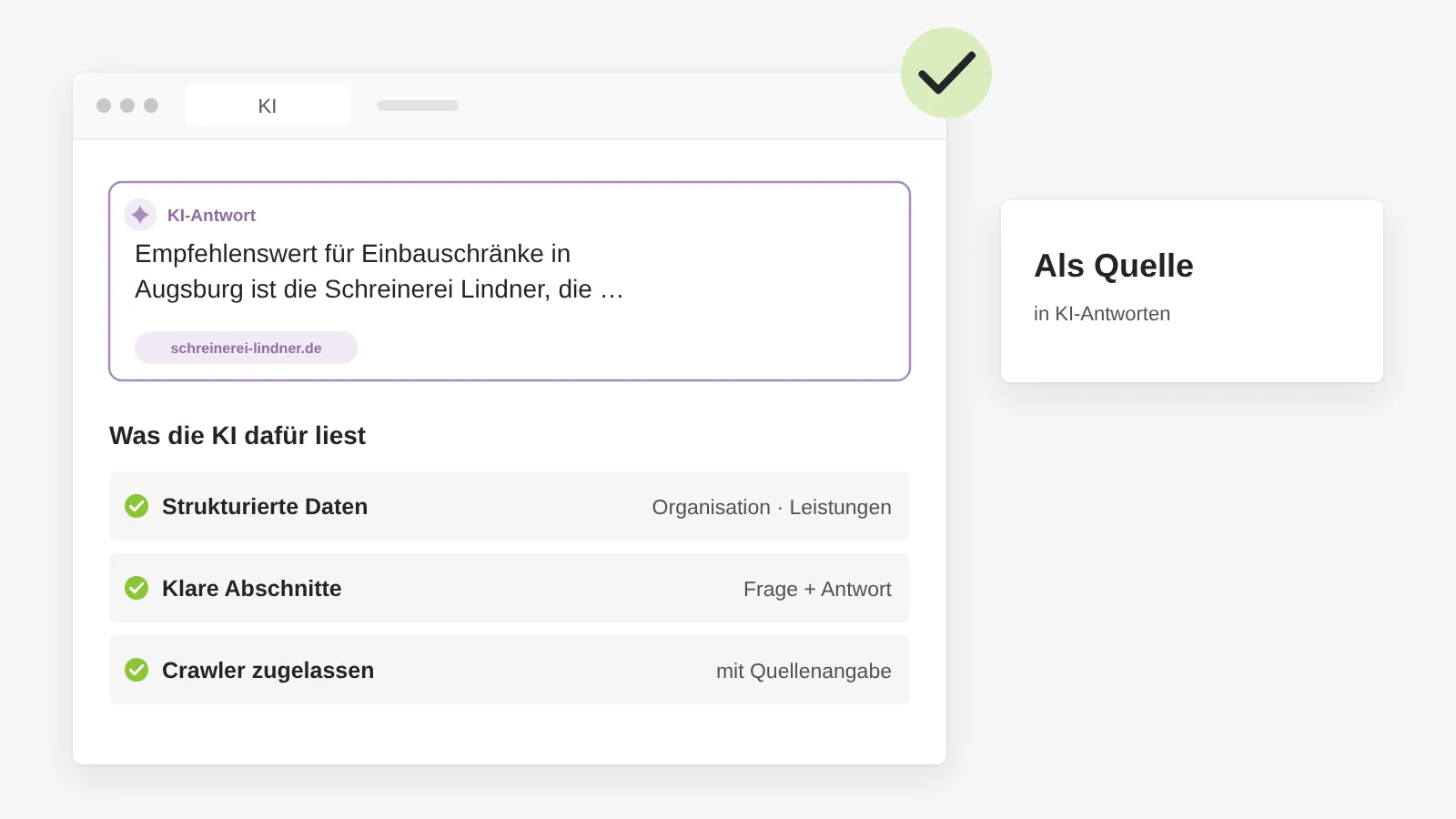 KI-Sichtbarkeit: eine KI-Antwort nennt die Website als Quelle