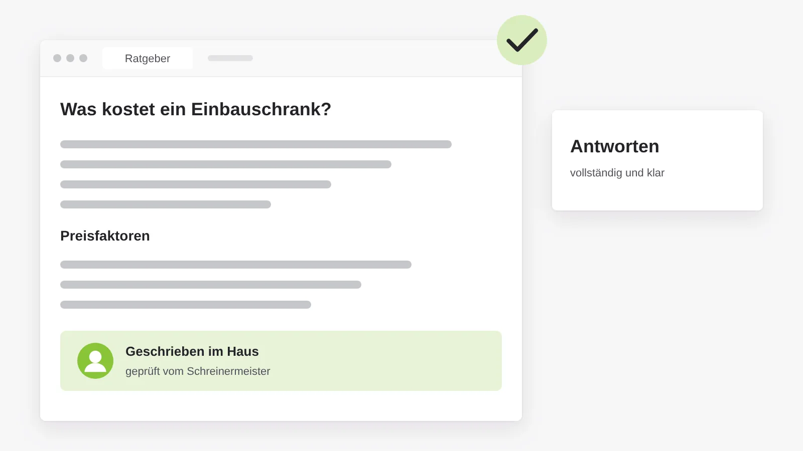 Inhalte: ein Ratgeberartikel beantwortet eine Kundenfrage vollständig, im Haus geschrieben und vom Fachmann geprüft