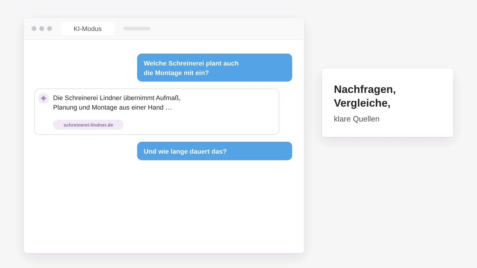 KI-Modus im Gespräch: auf Nachfragen und Vergleiche antwortet die KI mit Verweis auf die Website, die ihre Inhalte klar gliedert