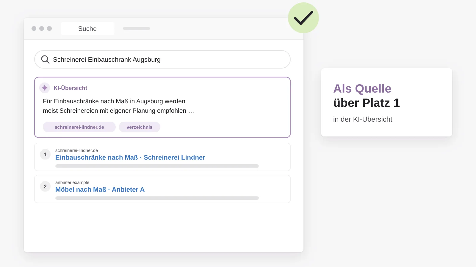 KI-Übersicht über der Trefferliste: eine zusammengefasste Antwort nennt die eigene Website als verlinkte Quelle