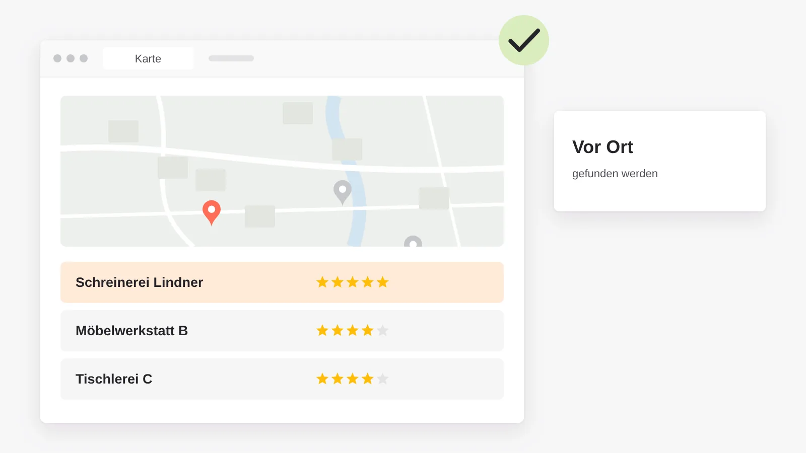 Lokales SEO: Kartenansicht mit drei Einträgen, die eigene Schreinerei vorne mit guten Bewertungen