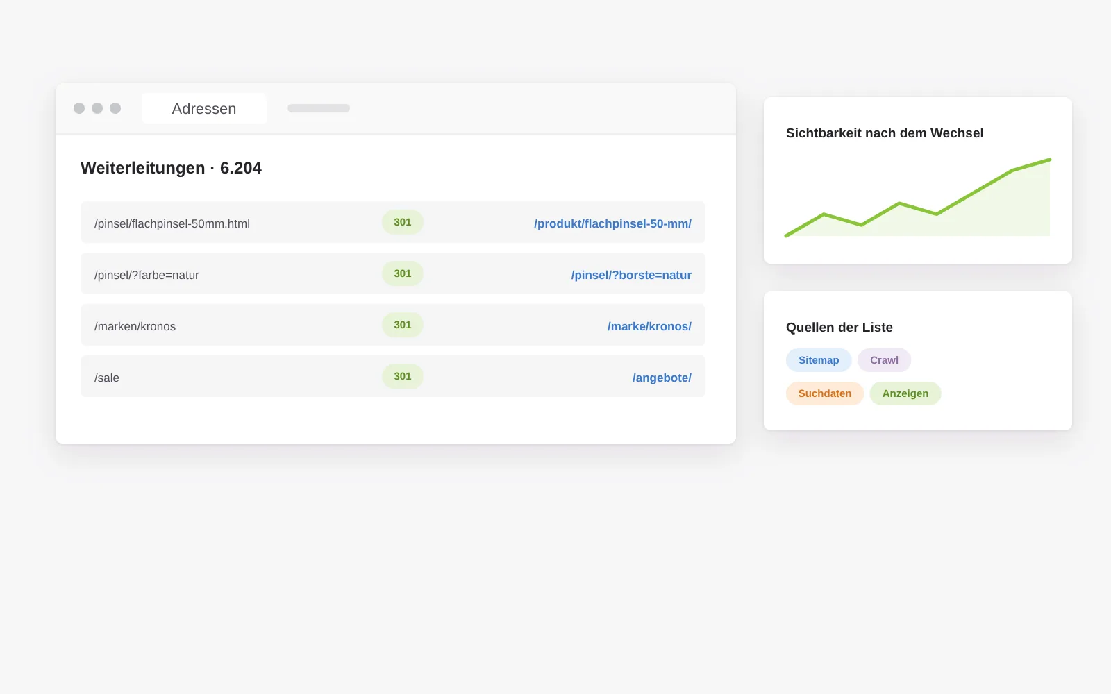 Jede alte Adresse bekommt ihr neues Zuhause: vollständige Weiterleitungsliste inklusive Filteradressen aus Sitemap, Crawl, Suchdaten und Anzeigenkonten, mit geprüften Statuscodes und Nachsorge der Sichtbarkeit