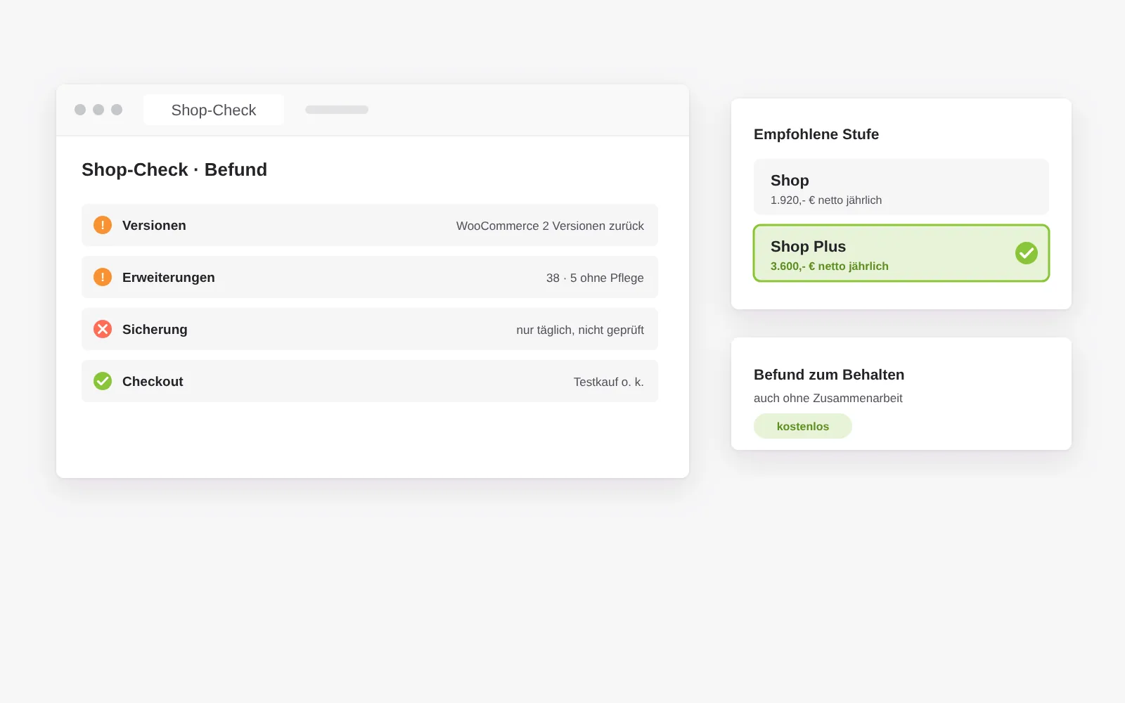 Kostenloser Shop-Check vor der Betreuung: Befund zu Versionen, Erweiterungen, Sicherungslage und Checkout und eine Empfehlung für die passende Betreuungsstufe