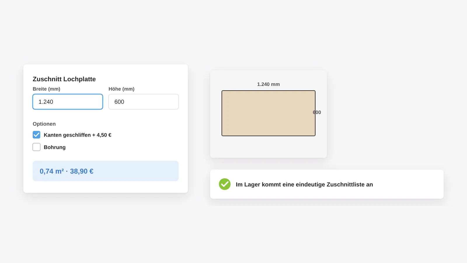 Konfigurator und Maßware: Zuschnitt nach Millimeter, Preis nach Fläche, Aufpreise für Optionen, und im Lager kommt eine eindeutige Zuschnittliste an