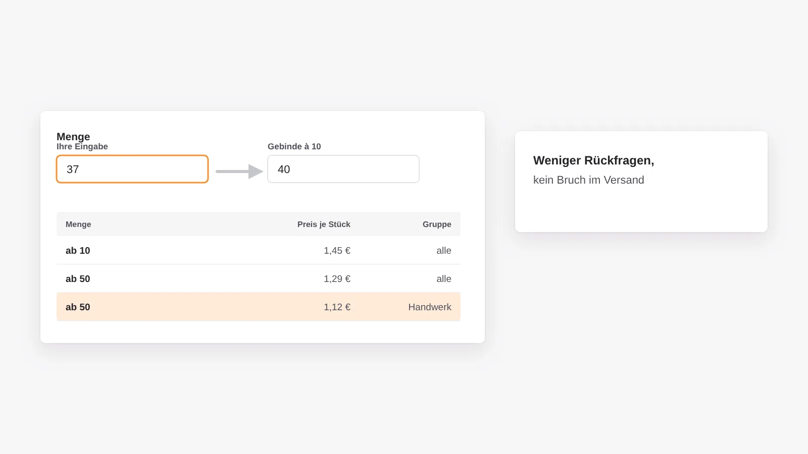 Verpackungseinheiten und Staffeln: die Menge wird automatisch auf volle Gebinde gerundet, Preise staffeln sich nach Menge und Kundengruppe