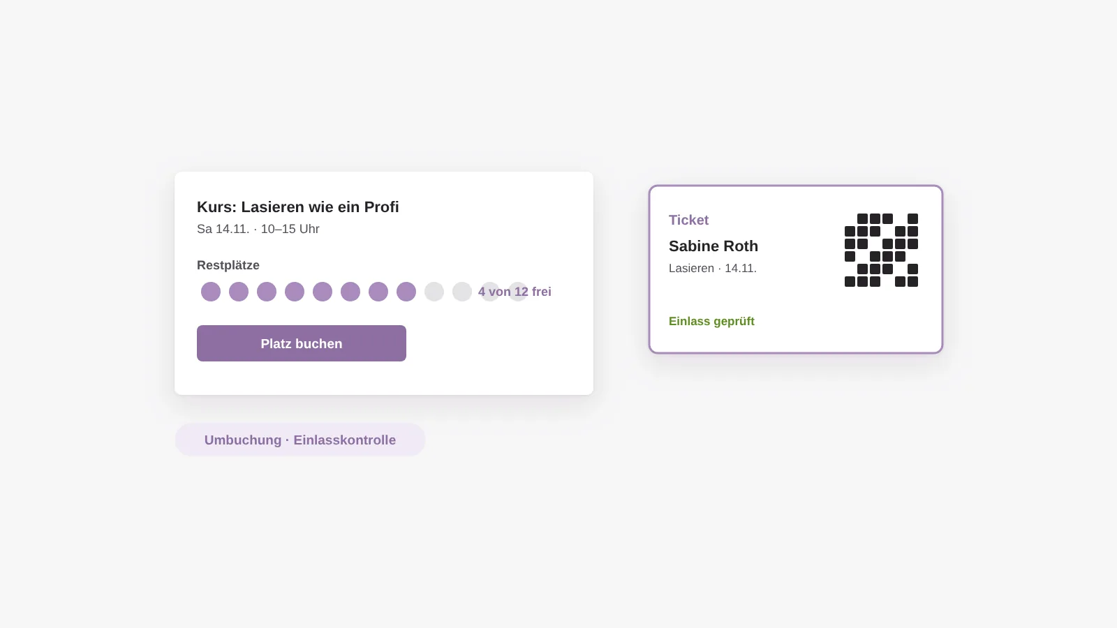 Termine, Tickets und Kontingente: ein Kurs mit Restplätzen, Buchung, personalisiertem Ticket und Einlasskontrolle