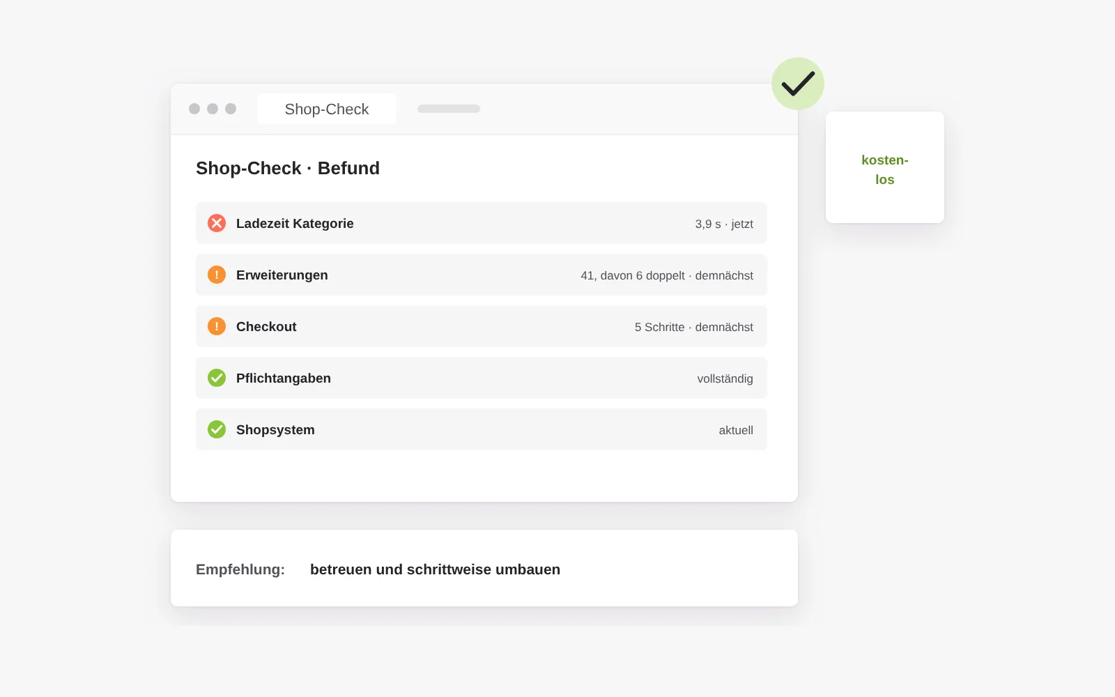 Kostenloser Shop-Check: Befundliste mit Messwerten zu Ladezeit, Erweiterungen, Checkout, Pflichtangaben und Shopsystem, sortiert nach jetzt, demnächst und irgendwann, mit klarer Empfehlung