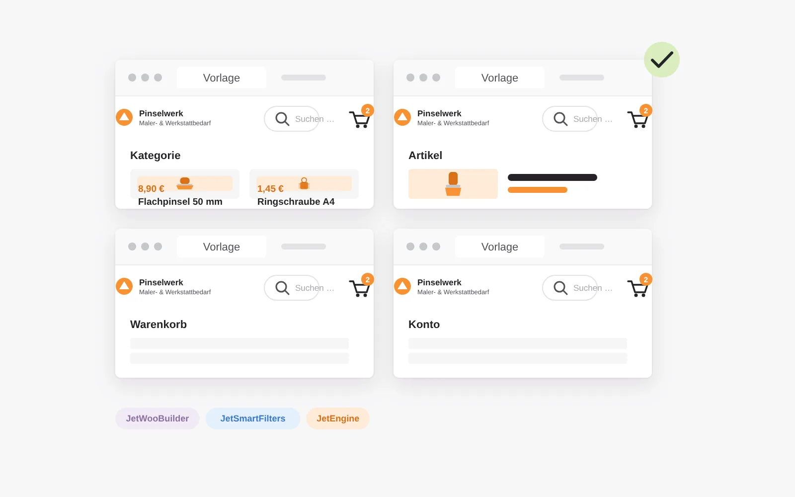 Shop-Design aus dem eigenen Haus: Vorlagen für Kategorie, Artikel, Warenkorb und Konto im Look der Marke, umgesetzt mit Elementor Pro, JetWooBuilder, JetSmartFilters und JetEngine