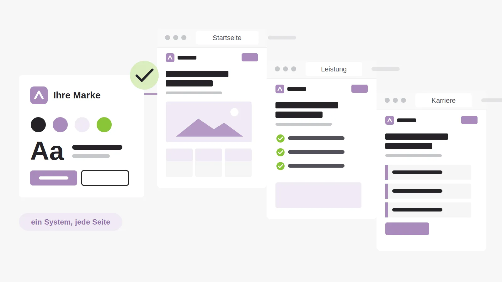 Eigenes Designsystem: aus Logo, Farben, Schrift und Buttons entstehen Startseite, Leistungsseite und Stellenanzeige im selben Gesicht