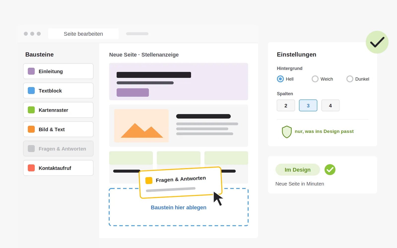 Redaktion setzt eine neue Seite aus fertigen Bausteinen zusammen – Einleitung, Bild und Text, Kartenraster, Fragen und Antworten – mit Einstellungen, die nur zum Design passende Optionen erlauben