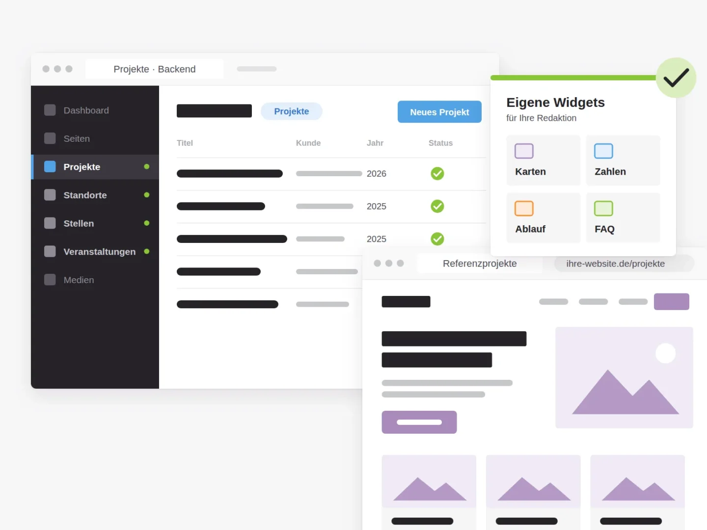 WordPress-Backend mit eigenen Inhaltstypen wie Projekte, Standorte und Stellen, davor die fertige Website und eigene Widgets für die Redaktion