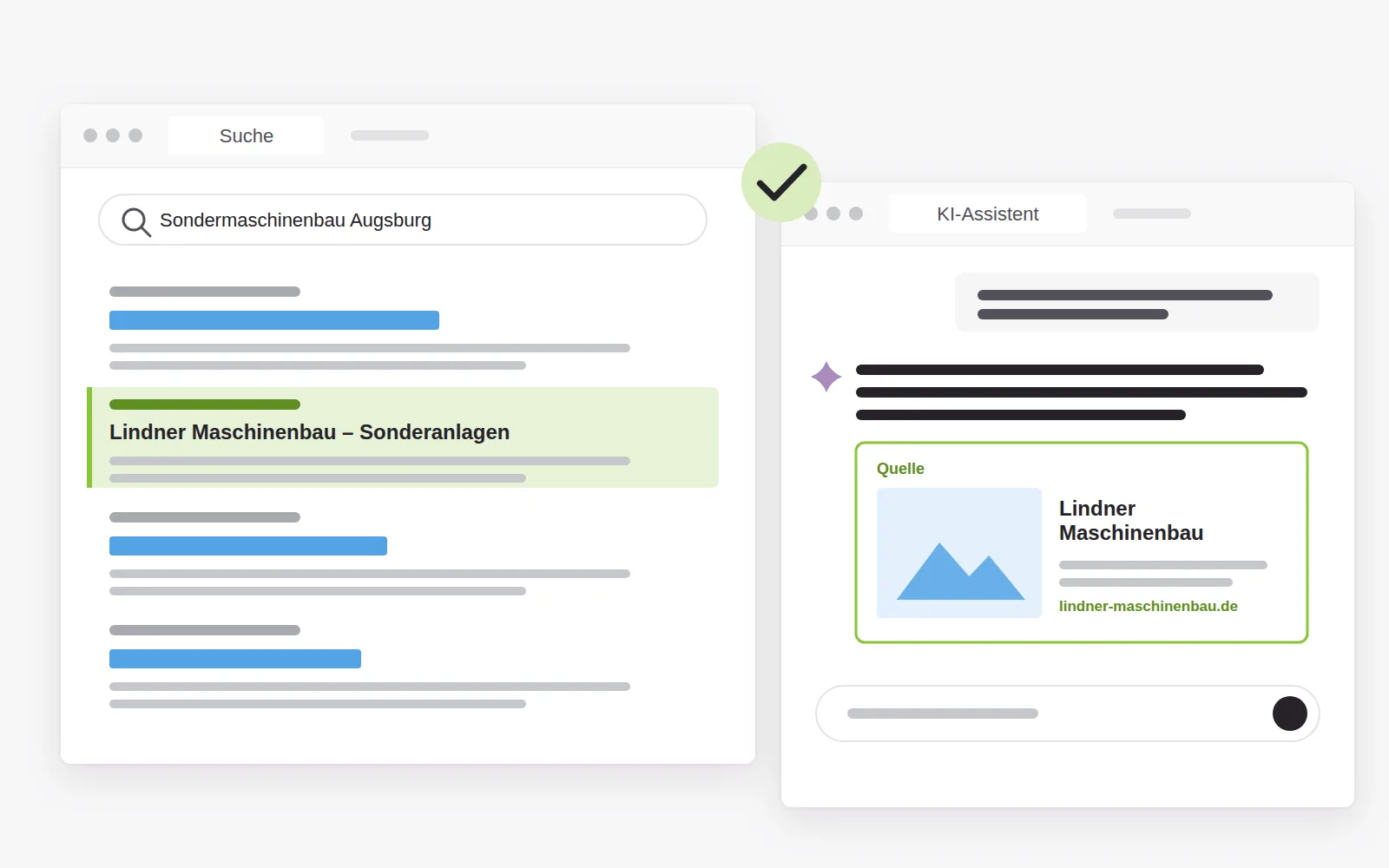 Links eine Suchergebnisliste mit hervorgehobenem Treffer, rechts die Antwort eines KI-Assistenten mit Quellenkarte und Vorschau der Website