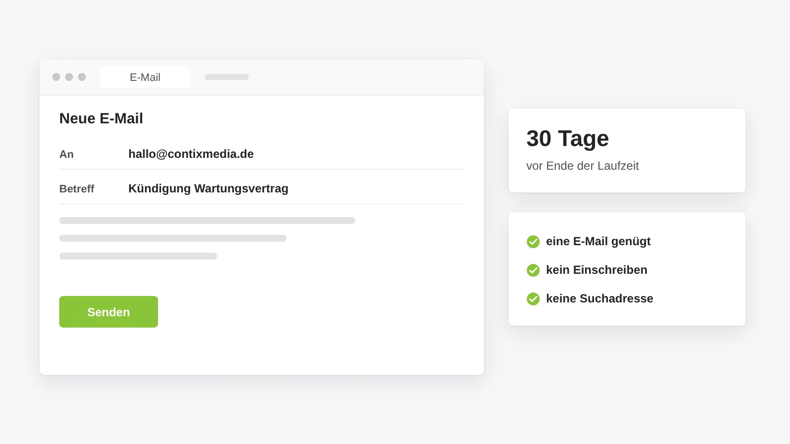 Kündigung in Textform: eine E-Mail an die bekannte Adresse genügt, 30 Tage vor Ende der Laufzeit, ohne Einschreiben