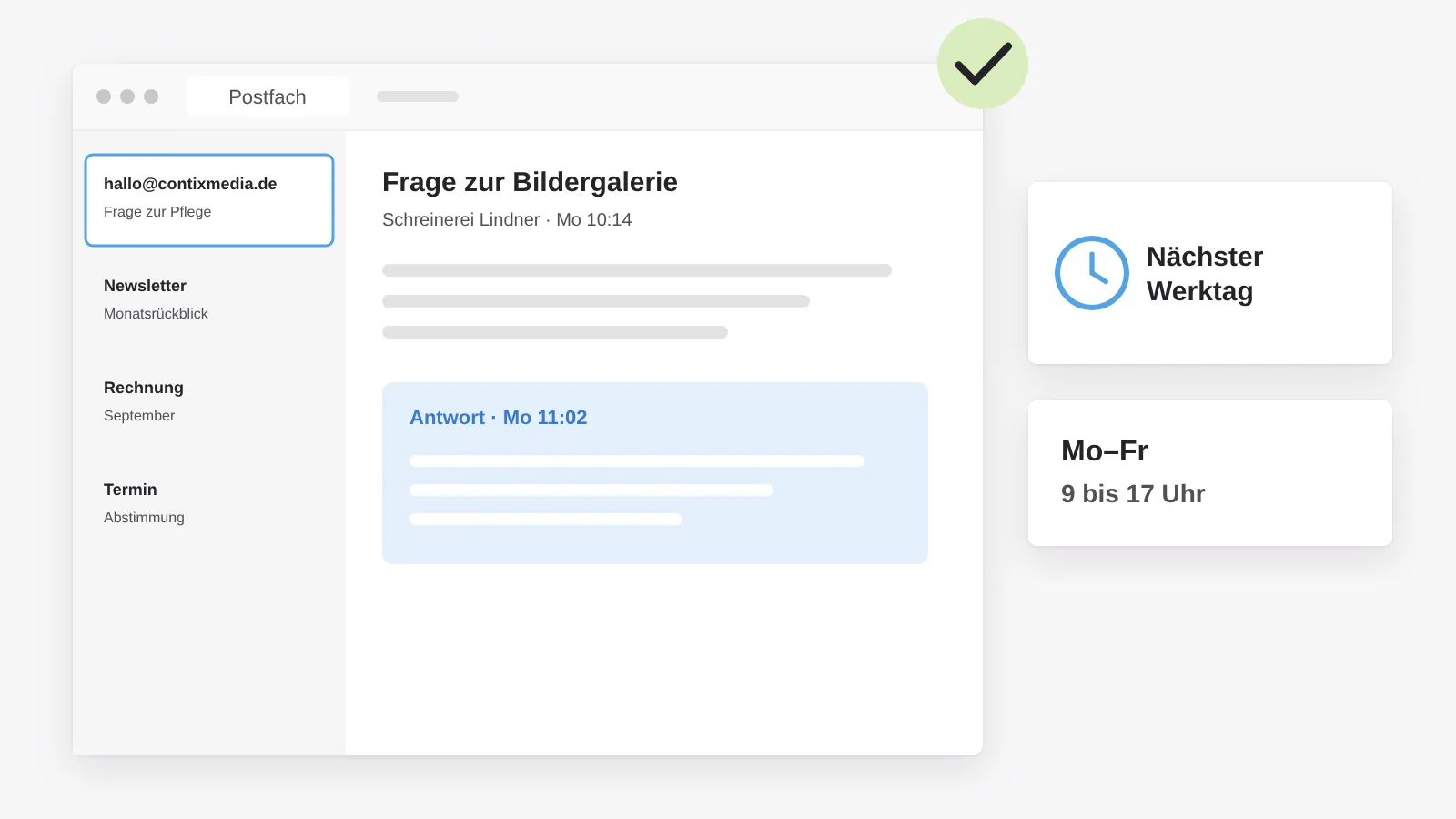 E-Mail-Support: eine Frage zur Pflege, beantwortet noch am selben Vormittag, erreichbar montags bis freitags von 9 bis 17 Uhr