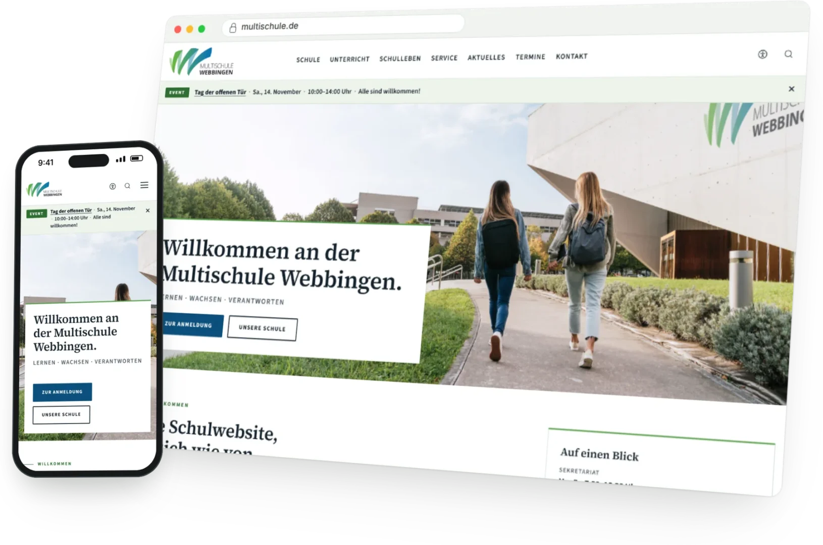 Demo-Schulwebsite der Multischule Webbingen im Browserfenster und auf dem Smartphone