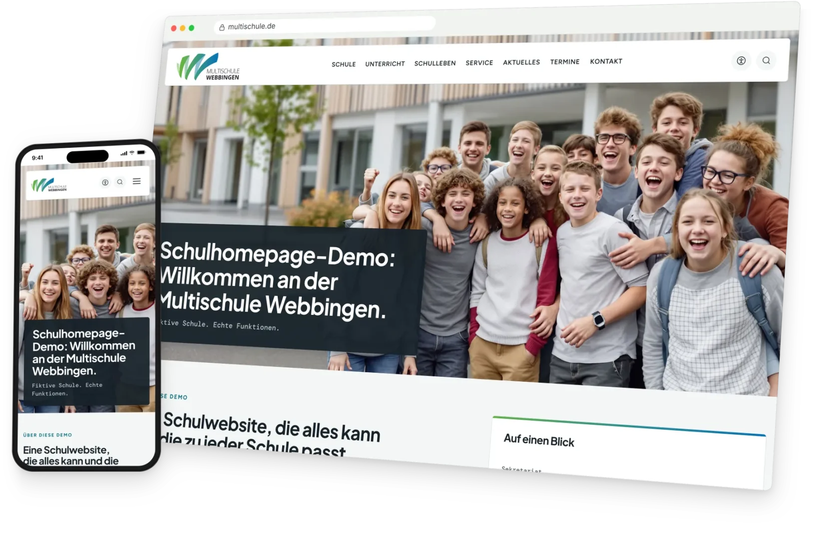 Demo-Schulwebsite der Multischule Webbingen im Browserfenster und auf dem Smartphone