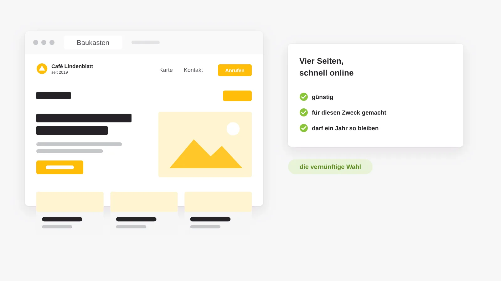 Der Baukasten: eine kleine Website mit vier Seiten, schnell und günstig online, für diesen Zweck die vernünftige Wahl