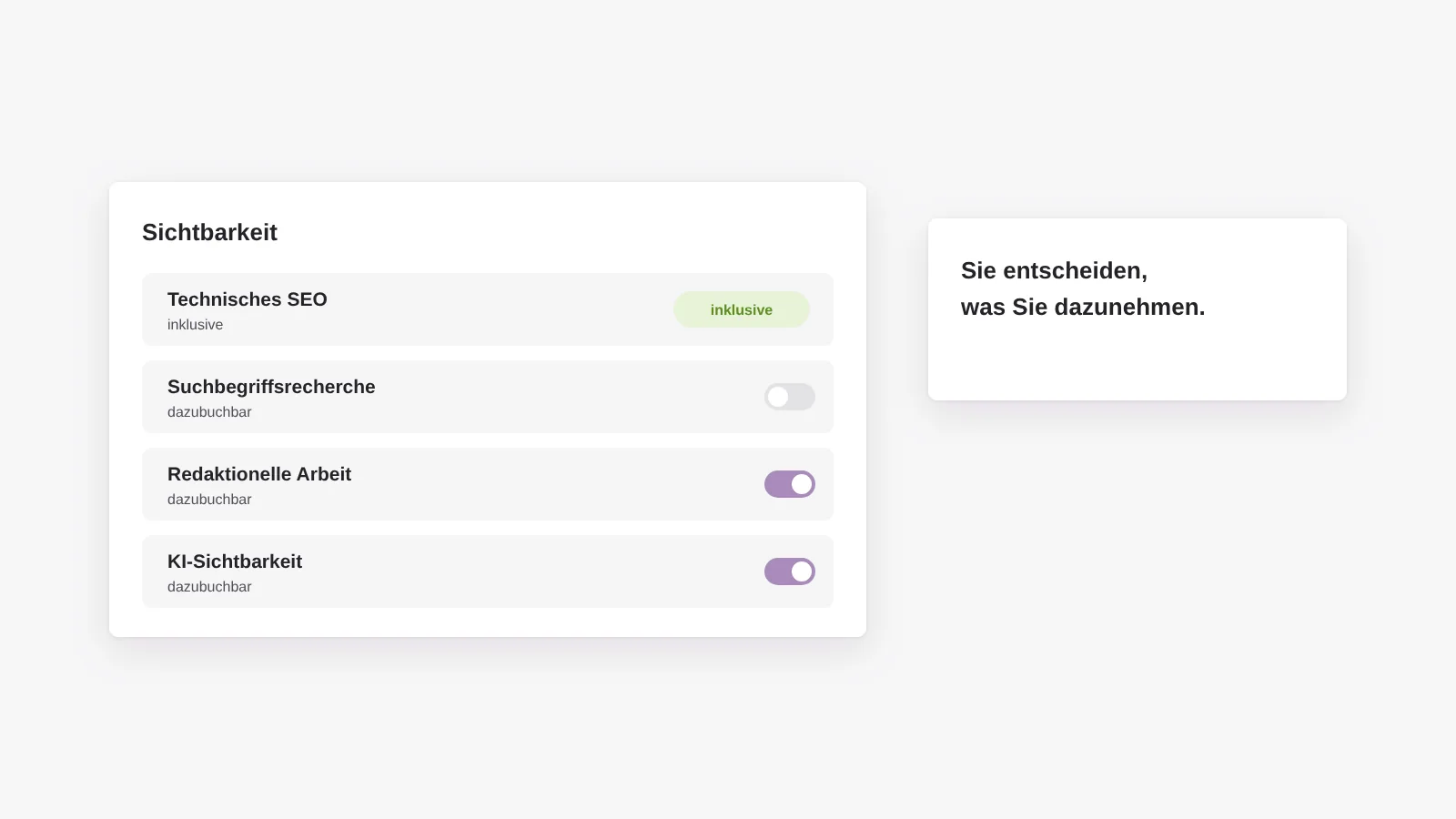Sichtbarkeit: technisches SEO ist inklusive, Suchbegriffsrecherche, redaktionelle Arbeit und KI-Sichtbarkeit lassen sich dazunehmen