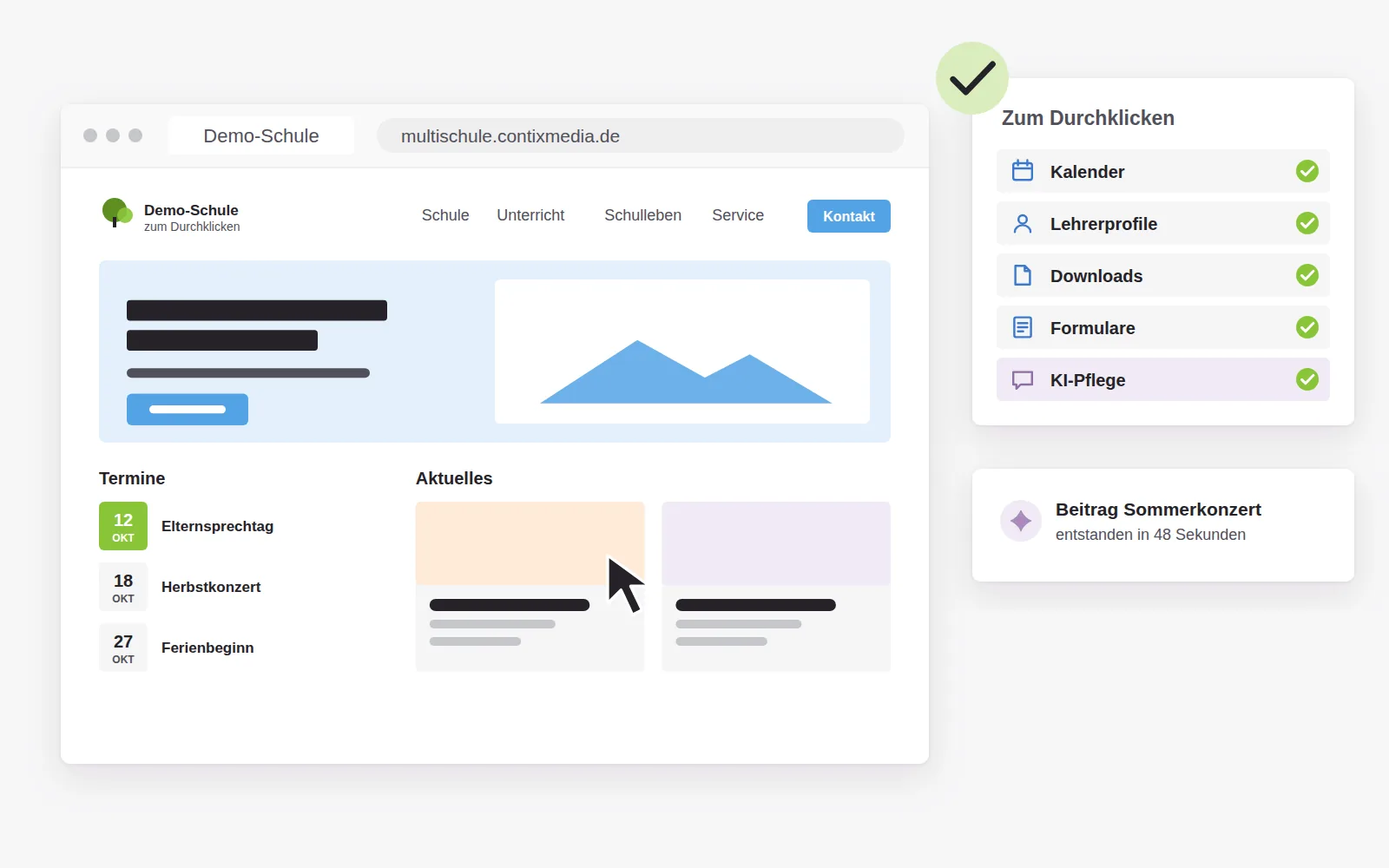Demo-Schule im Browser mit Kalender, Lehrerprofilen, Downloads, Formularen und KI-Pflege, ein Beitrag zum Sommerkonzert ist in 48 Sekunden entstanden