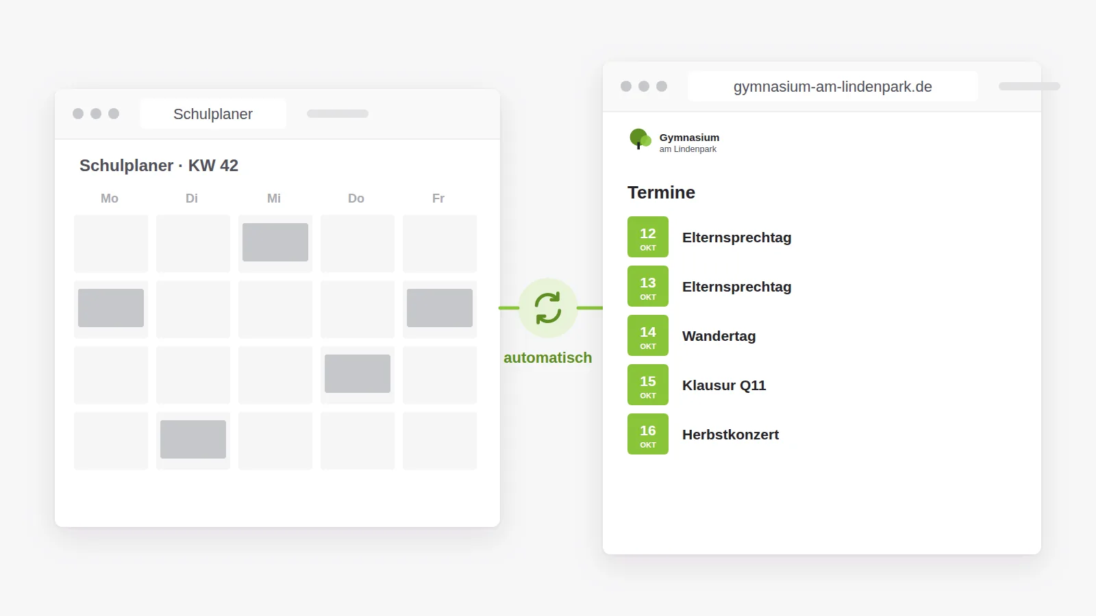 Termine aus dem Schulplaner werden automatisch synchronisiert und erscheinen als Terminliste auf der Schulwebsite des Gymnasiums am Lindenpark