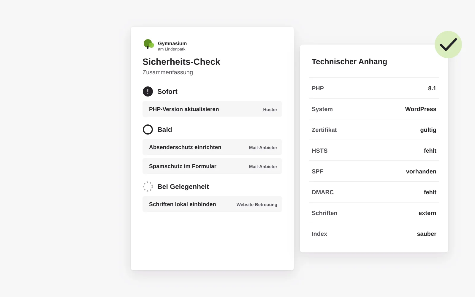 Ein aufgeschlagener Prüfbericht: links die Zusammenfassung nach Dringlichkeit, sofort, bald und bei Gelegenheit, jeweils mit Zuständigkeit wie Hoster oder Mail-Anbieter; rechts der technische Anhang mit PHP-Version, Zertifikat und Einträgen der Domain