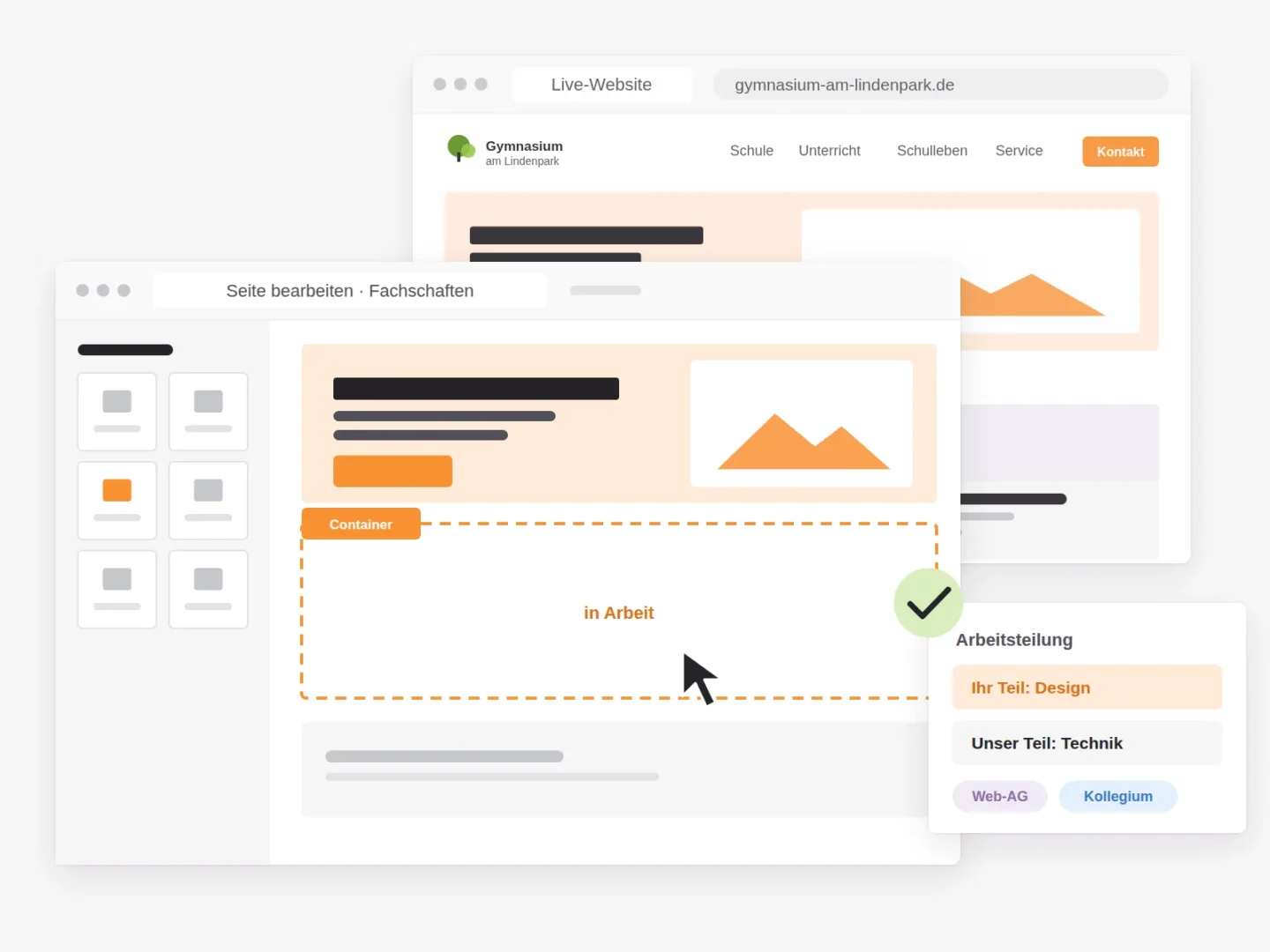 Visueller Editor mit einer halb fertigen Seite der Schulwebsite im Vordergrund, dahinter die Live-Website, daneben die Arbeitsteilung zwischen Schule und Agentur