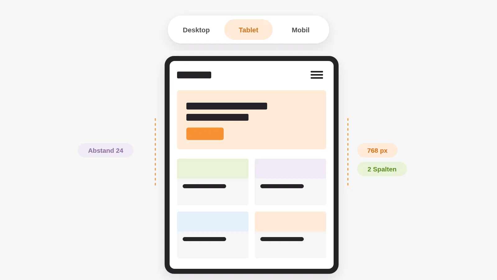 Visueller Editor in der Tablet-Ansicht: das Kartenraster bricht auf zwei Spalten um, Breakpoint und Abstände sind sichtbar