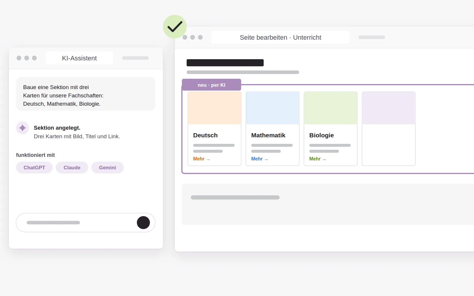 Eine Anweisung an den KI-Assistenten erzeugt im Editor eine neue Sektion mit drei Karten für die Fachschaften Deutsch, Mathematik und Biologie