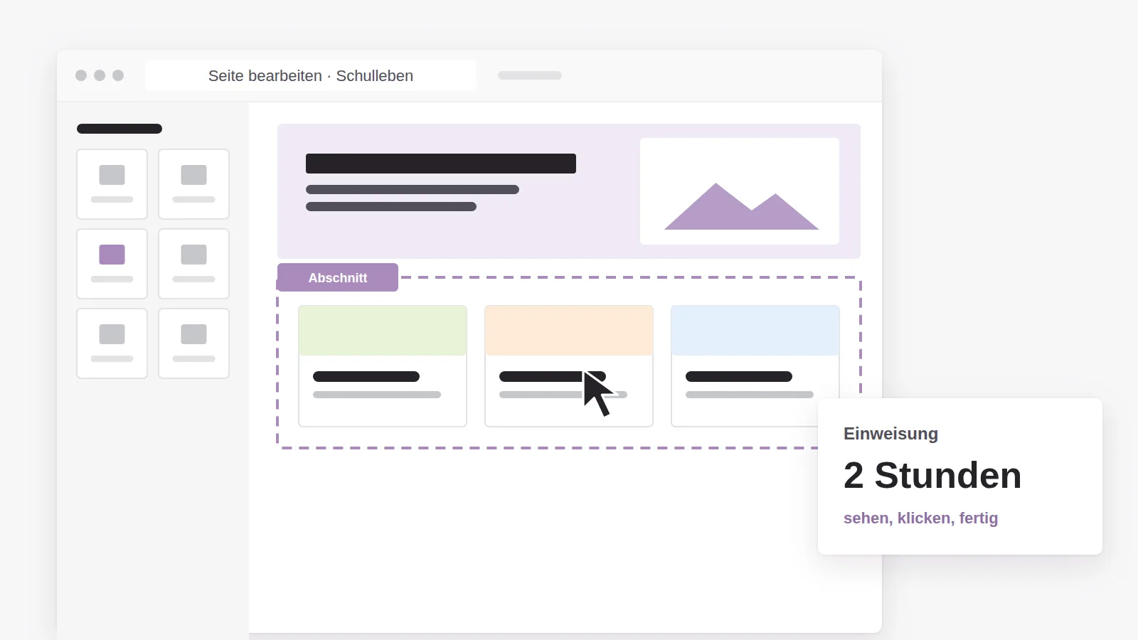 Visueller Editor mit Baustein-Leiste und einem markierten Abschnitt auf einer Seite der Schulwebsite, Einweisung in zwei Stunden