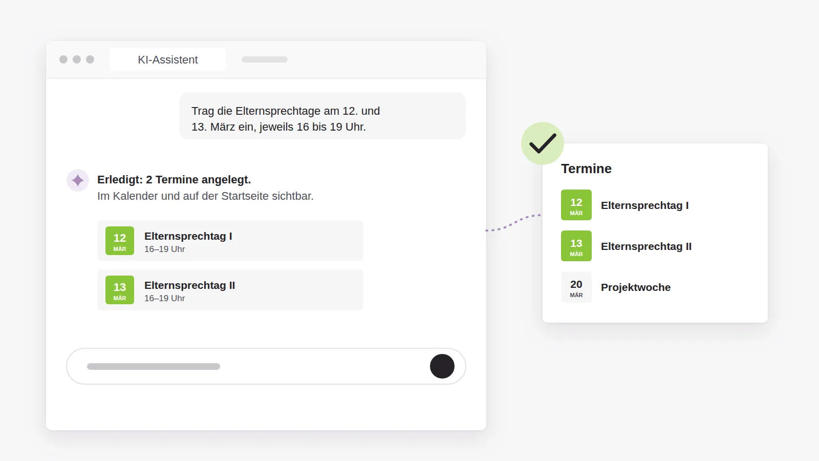 Ein KI-Assistent bekommt die Anweisung, zwei Elternsprechtage einzutragen, legt die Termine an und sie erscheinen im Kalender der Schulwebsite