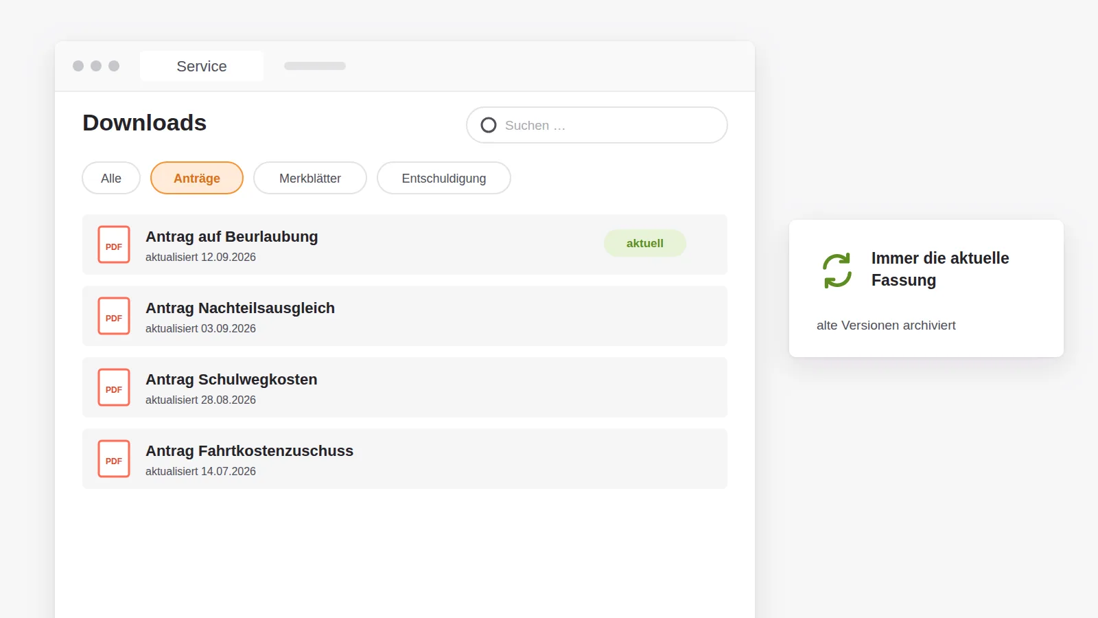 Downloadcenter mit Suche, Kategorie-Filter und Anträgen als PDF mit Datum der letzten Aktualisierung