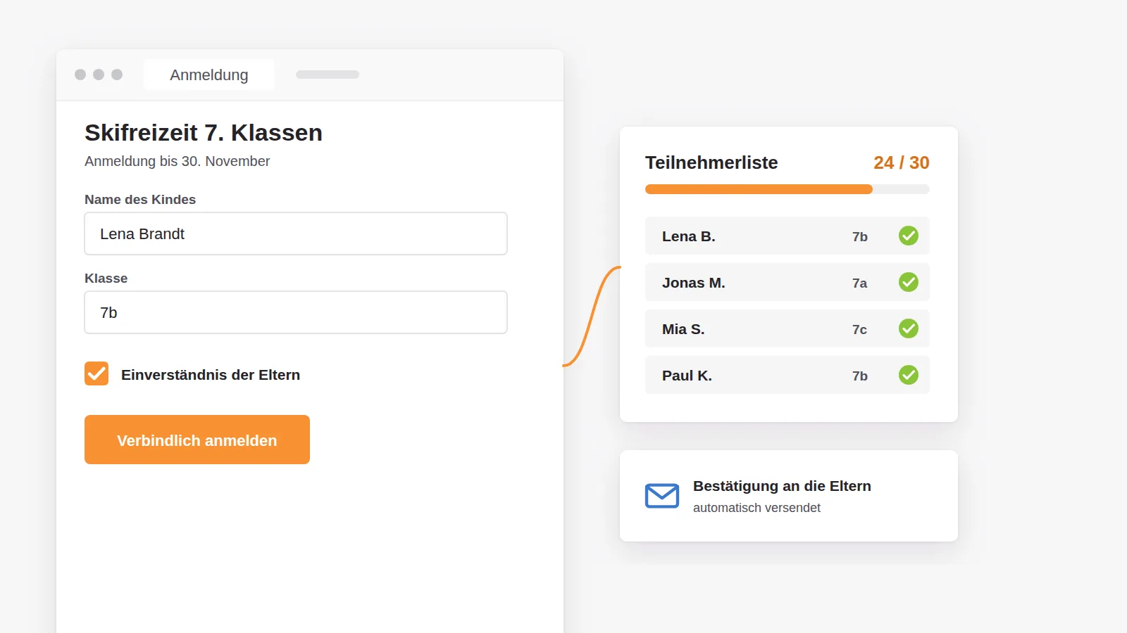 Anmeldeformular für die Skifreizeit der 7. Klassen mit Teilnehmerliste und automatischer Bestätigung an die Eltern