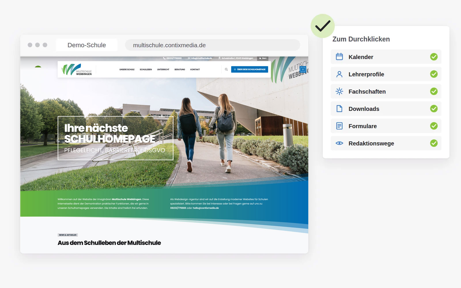 Demo-Schule im Browser mit Kalender, Lehrerprofilen, Fachschaften, Downloads, Formularen und Redaktionswegen zum Durchklicken