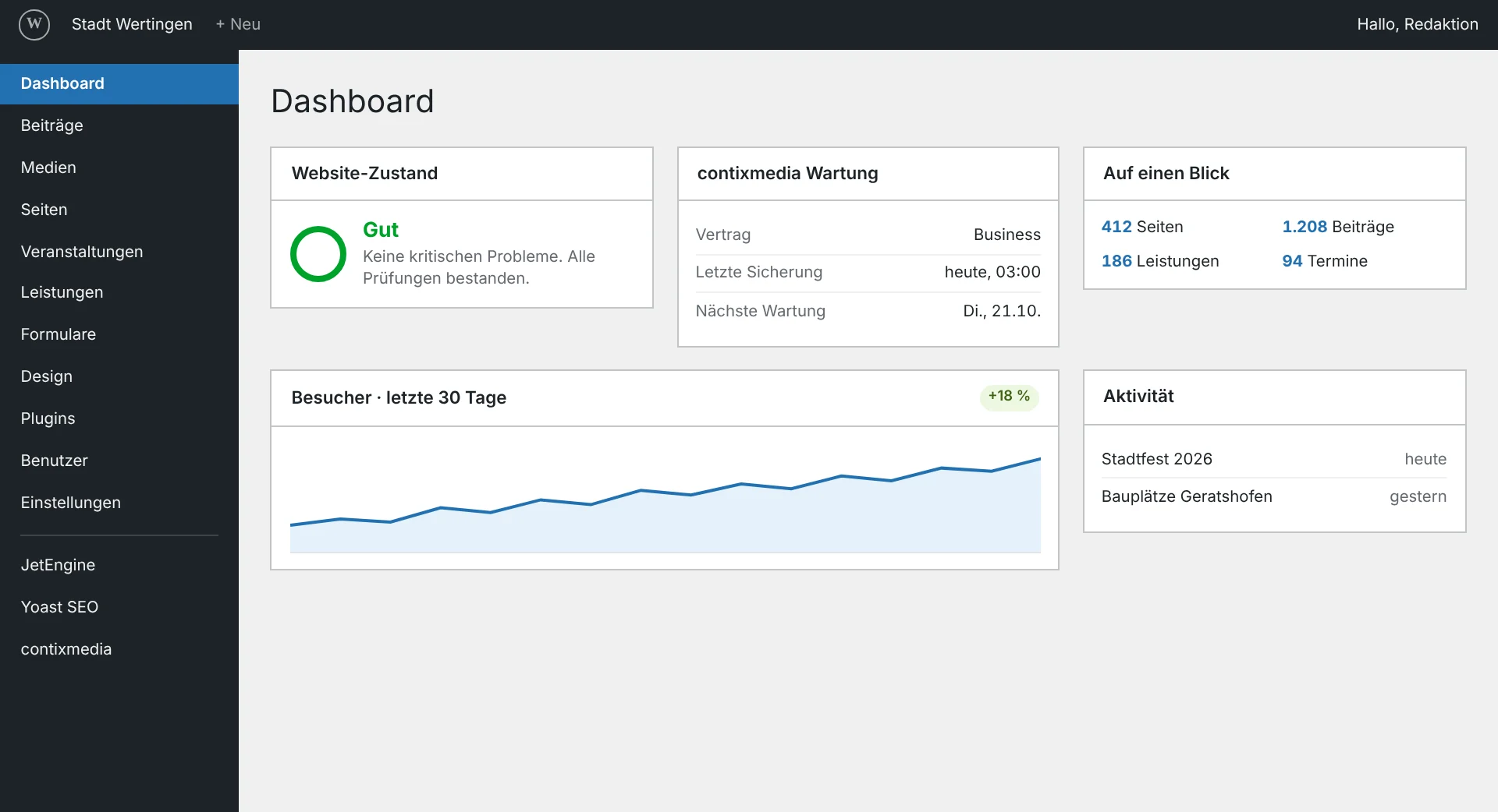WordPress-Dashboard einer Stadtwebsite mit Website-Zustand, Wartungsstatus, Besucherkurve und Aktivität