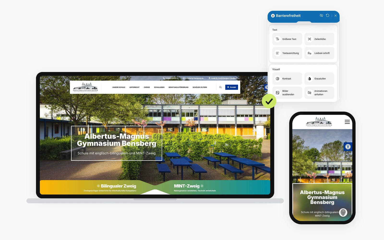 Website des Albertus-Magnus-Gymnasiums Bensberg auf Laptop und Smartphone, daneben das geöffnete Barrierefreiheit-Menü