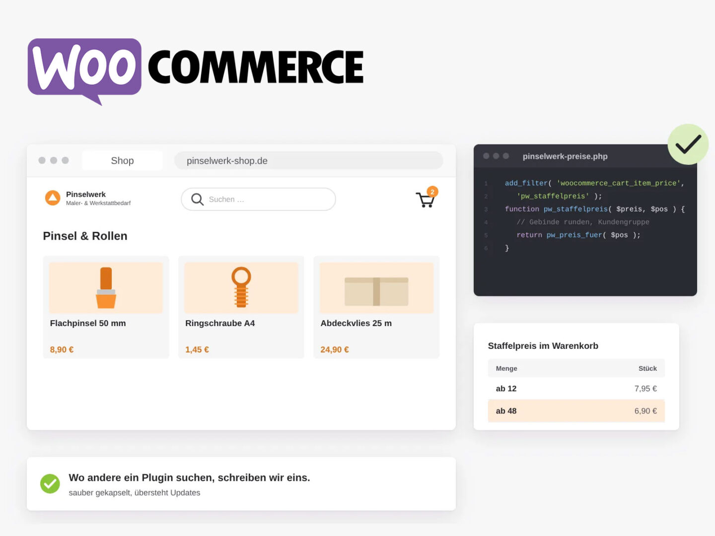 WooCommerce-Shop für Maler- und Werkstattbedarf mit einer eigenen Erweiterung für Staffelpreise im Warenkorb, sauber gekapselt als eigenes Plugin