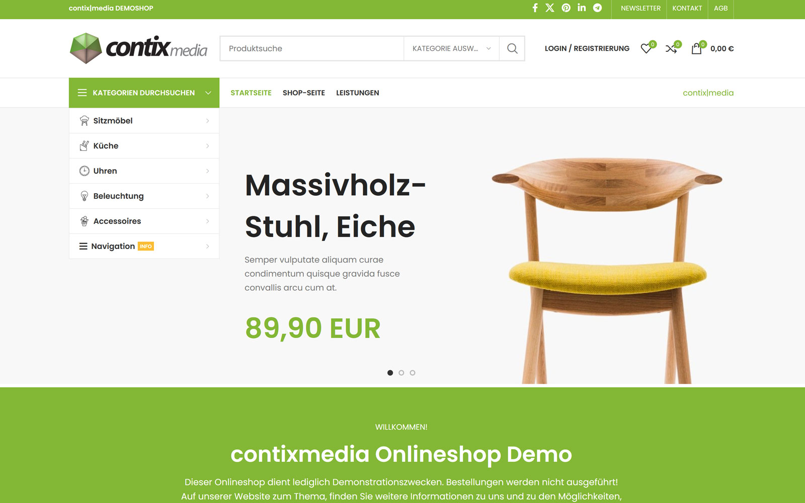 Der Demo-Shop active-webshop.de mit Flyout-Navigation über mehrere Kategorieebenen, Filtern, Vergleich, Merkliste und Magazin zum Selbst-Ausprobieren